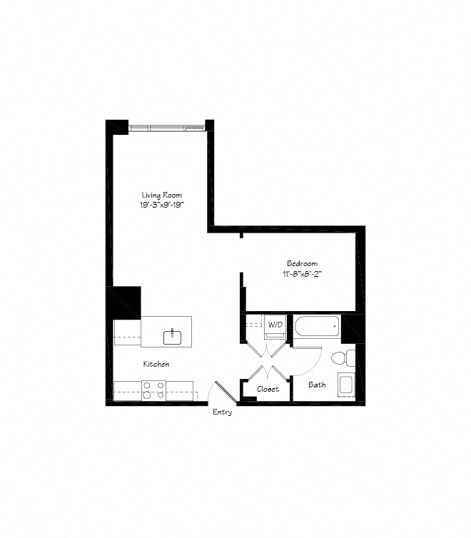 Floor plan for studio, 1 bath, 645 sqft